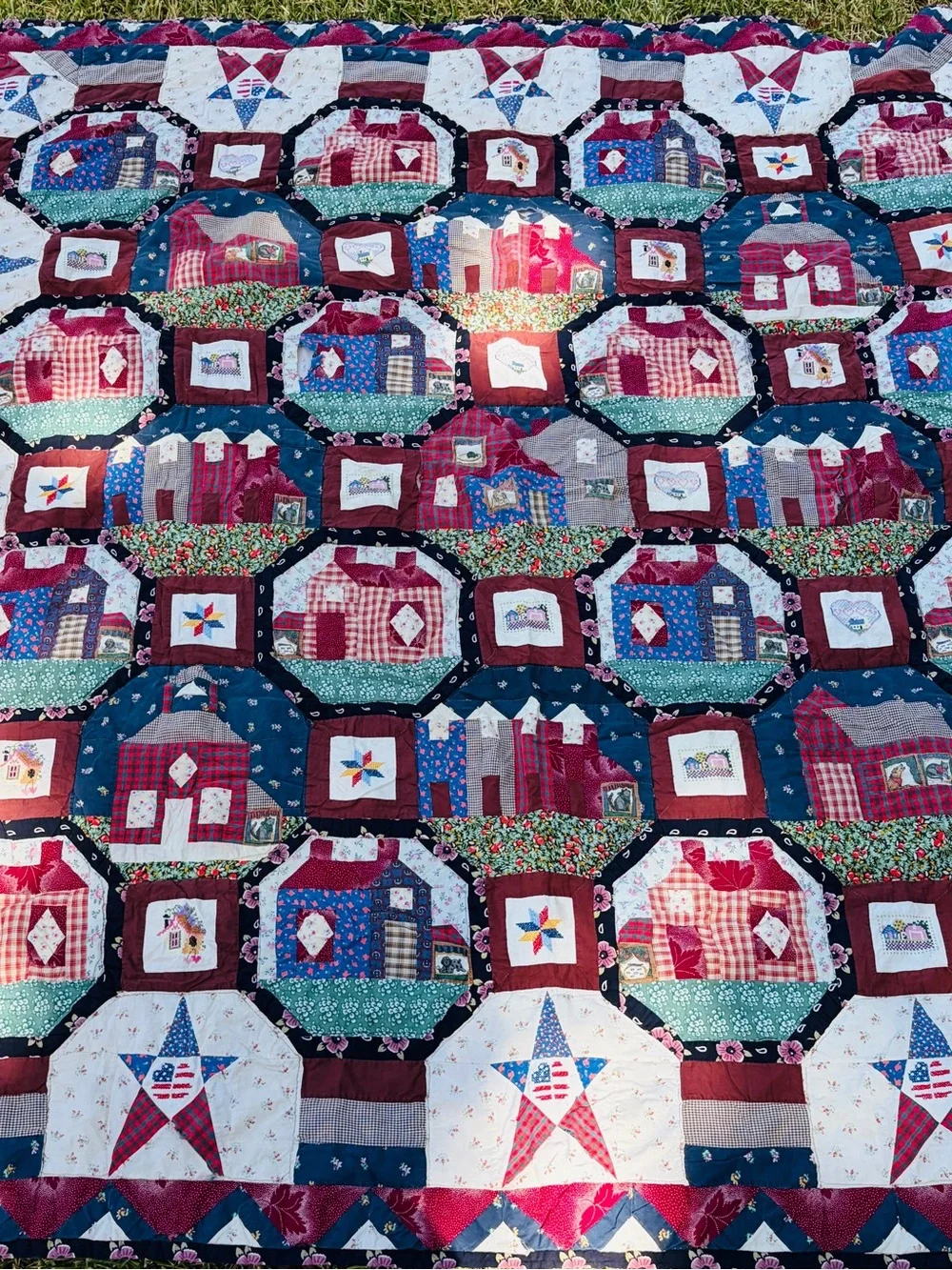 Vintage Snowball Block House Quilt 80x80 Handmade Cutter Quilt with Cross Stitch